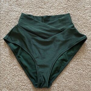 Aerie Rib Shine Crossover High Waisted Full Coverage Bikini Bottoms forest green